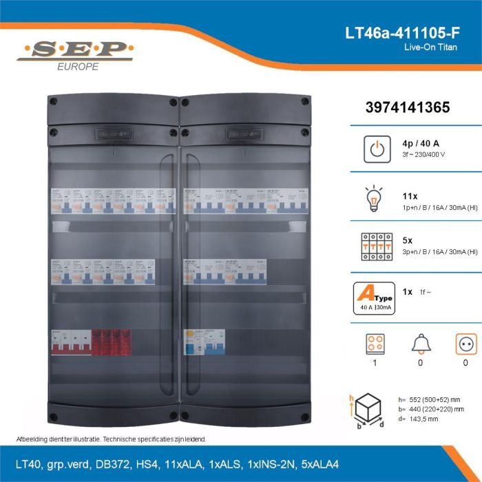SEP Live-On Titan, LT46a-411105-F, 40A, 3-fase groepenkast, 11-lichtgroepen, 5-krachtgroepen, 1-fornuisgroep, technische details