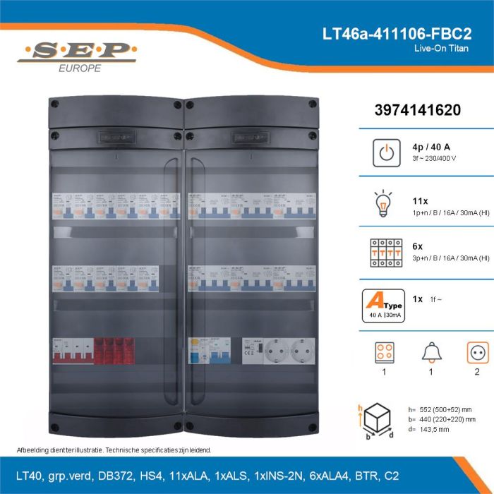 SEP Live-On Titan, LT46a-411106-FBC2, 40A, 3-fase groepenkast, 11-lichtgroepen, 6-krachtgroepen, 1-fornuisgroep, 1-beltrafo,  2V-contactdoos, technische details