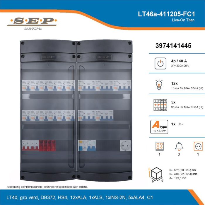 SEP Live-On Titan, LT46a-411205-FC1, 40A, 3-fase groepenkast, 12-lichtgroepen, 5-krachtgroepen, 1-fornuisgroep,  1V-contactdoos, technische details