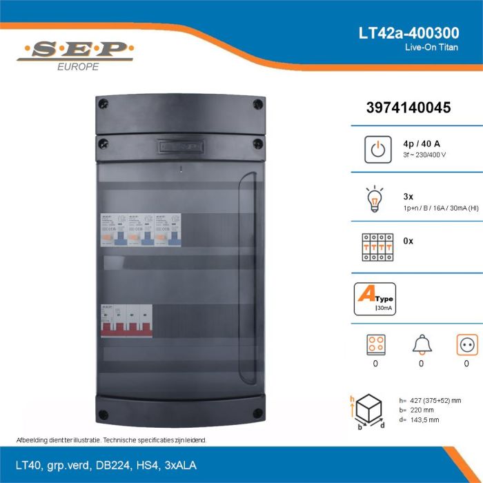 SEP Live-On Titan, LT42a-400300, 40A, 3-fase groepenkast, 3-lichtgroepen, technische details