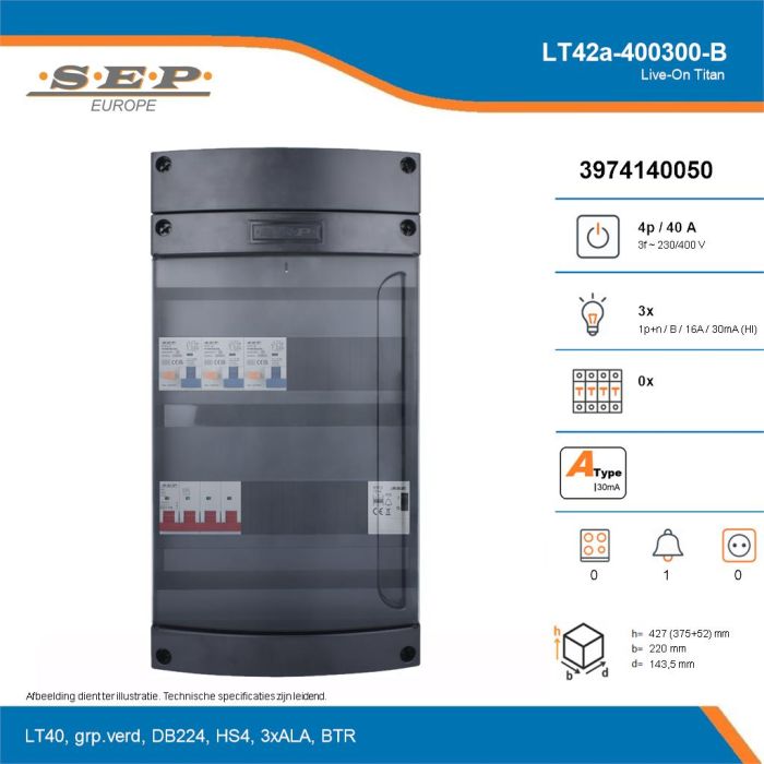 SEP Live-On Titan, LT42a-400300-B, 40A, 3-fase groepenkast, 3-lichtgroepen, 1-beltrafo, technische details