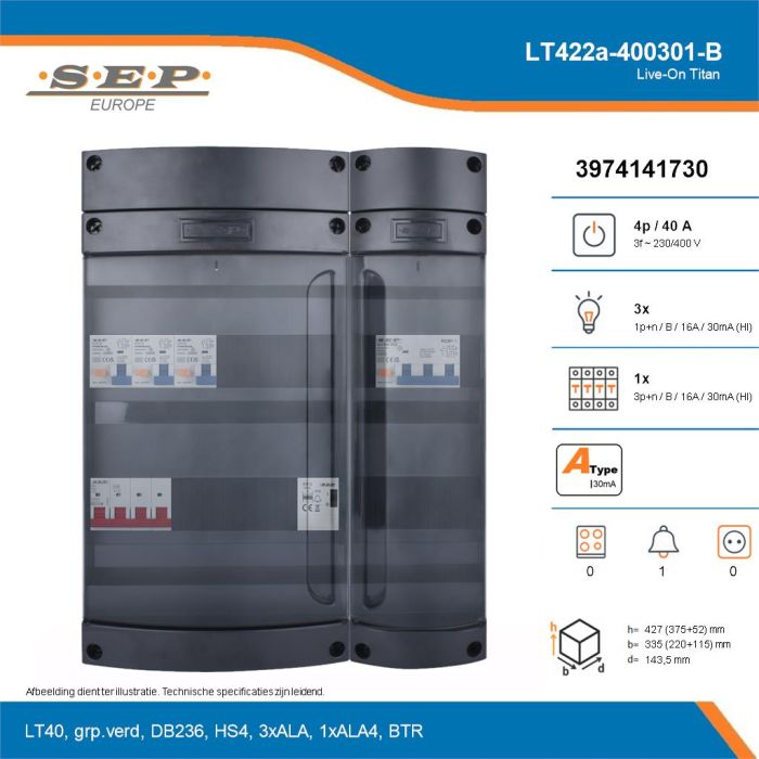 SEP Live-On Titan, LT422a-400301-B, 40A, 3-fase groepenkast, 3-lichtgroepen, 1-krachtgroepen, 1-beltrafo, technische details