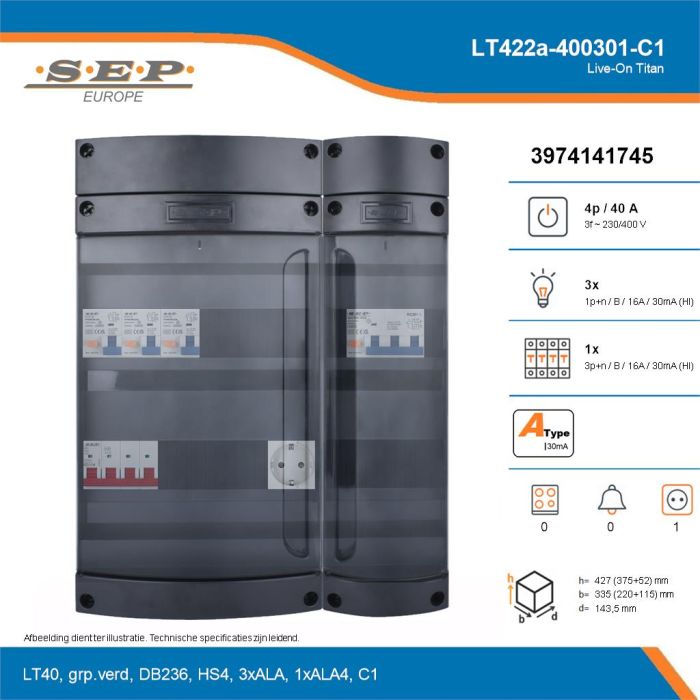 SEP Live-On Titan, LT422a-400301-C1, 40A, 3-fase groepenkast, 3-lichtgroepen, 1-krachtgroepen,  1V-contactdoos, technische details