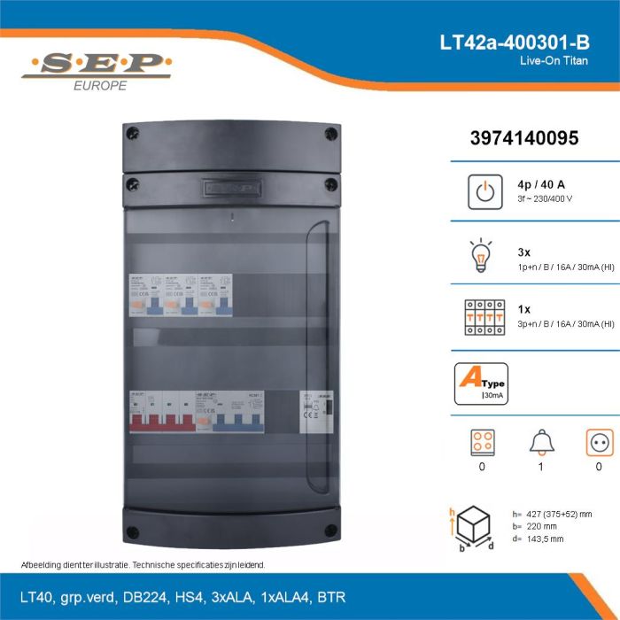 SEP Live-On Titan, LT42a-400301-B, 40A, 3-fase groepenkast, 3-lichtgroepen, 1-krachtgroepen, 1-beltrafo, technische details