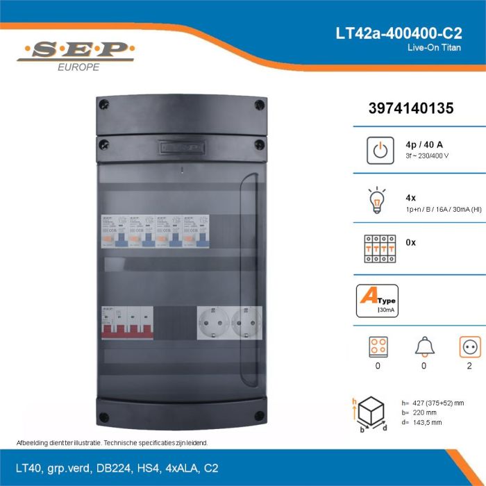 SEP Live-On Titan, LT42a-400400-C2, 40A, 3-fase groepenkast, 4-lichtgroepen,  2V-contactdoos, technische details