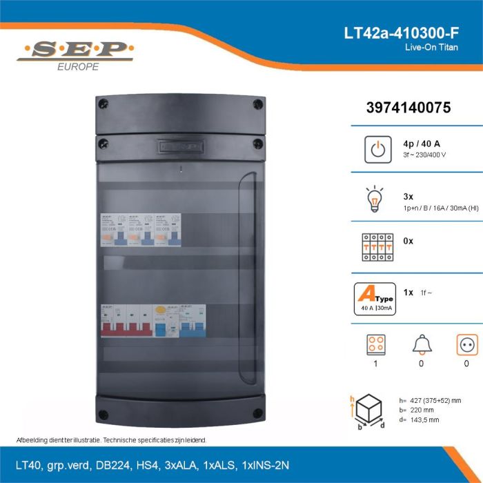 SEP Live-On Titan, LT42a-410300-F, 40A, 3-fase groepenkast, 3-lichtgroepen, 1-fornuisgroep, technische details