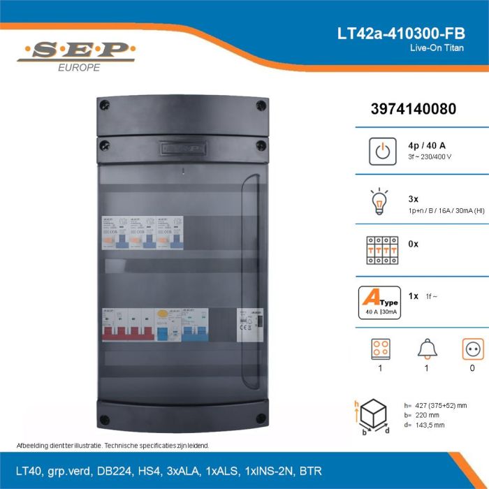 SEP Live-On Titan, LT42a-410300-FB, 40A, 3-fase groepenkast, 3-lichtgroepen, 1-fornuisgroep, 1-beltrafo, technische details