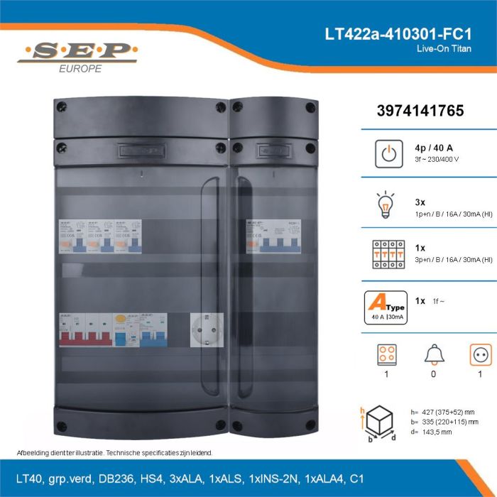 SEP Live-On Titan, LT422a-410301-FC1, 40A, 3-fase groepenkast, 3-lichtgroepen, 1-krachtgroepen, 1-fornuisgroep,  1V-contactdoos, technische details