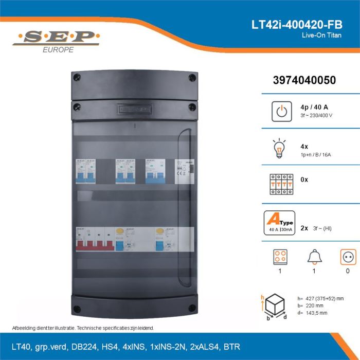 SEP Live-On Titan, LT42i-400420-FB, 40A, 3-fase groepenkast, 4-lichtgroepen, 1-fornuisgroep, 1-beltrafo, technische details