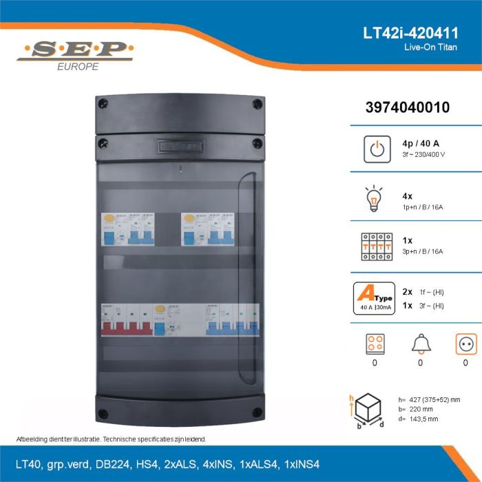 SEP Live-On Titan, LT42i-420411, 40A, 3-fase groepenkast, 4-lichtgroepen, 1-krachtgroepen, technische details