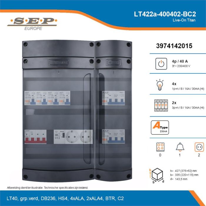 SEP Live-On Titan, LT422a-400402-BC2, 40A, 3-fase groepenkast, 4-lichtgroepen, 2-krachtgroepen, 1-beltrafo,  2V-contactdoos, technische details