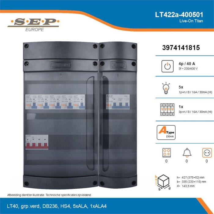 SEP Live-On Titan, LT422a-400501, 40A, 3-fase groepenkast, 5-lichtgroepen, 1-krachtgroepen, technische details