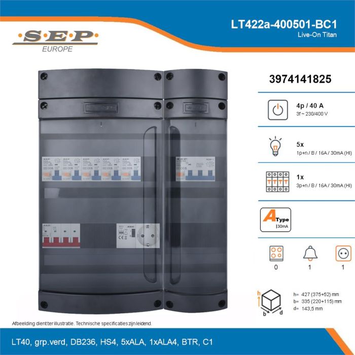 SEP Live-On Titan, LT422a-400501-BC1, 40A, 3-fase groepenkast, 5-lichtgroepen, 1-krachtgroepen, 1-beltrafo,  1V-contactdoos, technische details