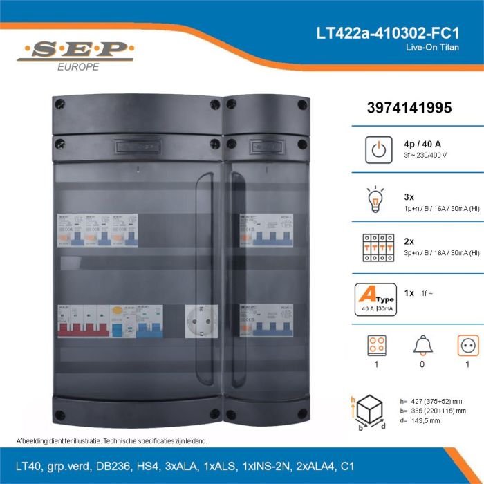 SEP Live-On Titan, LT422a-410302-FC1, 40A, 3-fase groepenkast, 3-lichtgroepen, 2-krachtgroepen, 1-fornuisgroep,  1V-contactdoos, technische details