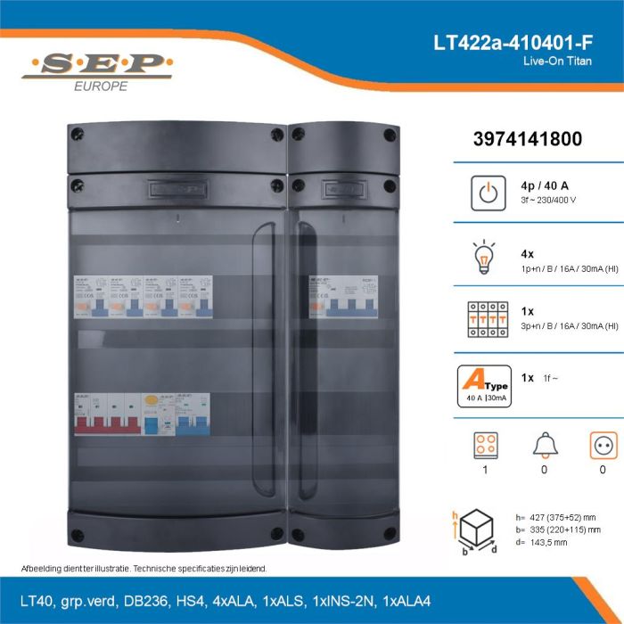 SEP Live-On Titan, LT422a-410401-F, 40A, 3-fase groepenkast, 4-lichtgroepen, 1-krachtgroepen, 1-fornuisgroep, technische details