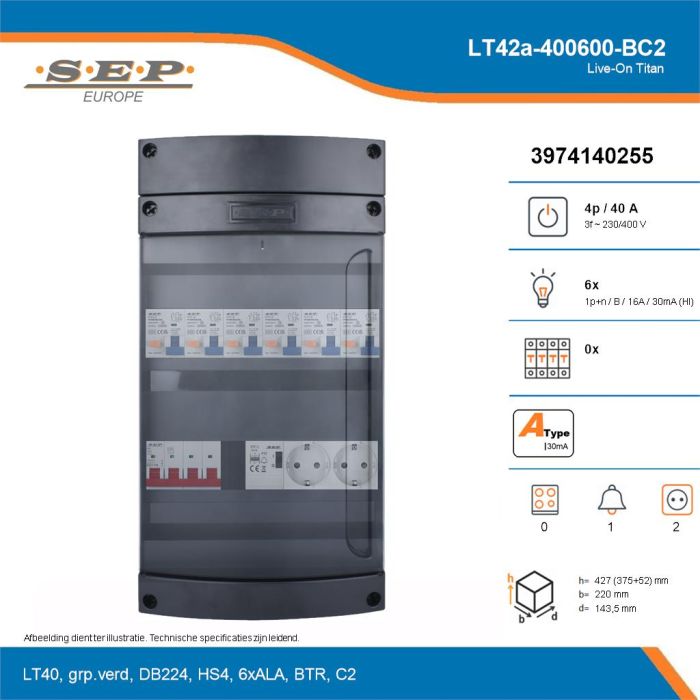 SEP Live-On Titan, LT42a-400600-BC2, 40A, 3-fase groepenkast, 6-lichtgroepen, 1-beltrafo,  2V-contactdoos, technische details