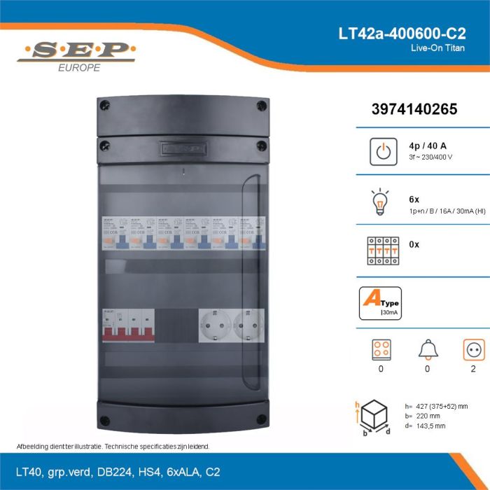 SEP Live-On Titan, LT42a-400600-C2, 40A, 3-fase groepenkast, 6-lichtgroepen,  2V-contactdoos, technische details