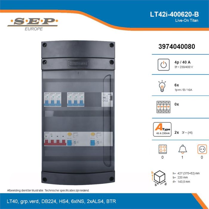 SEP Live-On Titan, LT42i-400620-B, 40A, 3-fase groepenkast, 6-lichtgroepen, 1-beltrafo, technische details