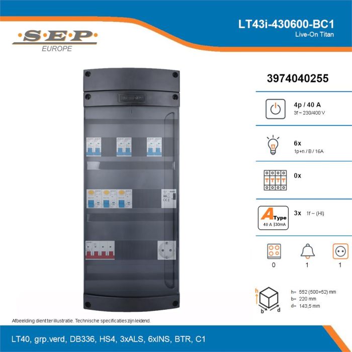 SEP Live-On Titan, LT43i-430600-BC1, 40A, 3-fase groepenkast, 6-lichtgroepen, 1-beltrafo,  1V-contactdoos, technische details