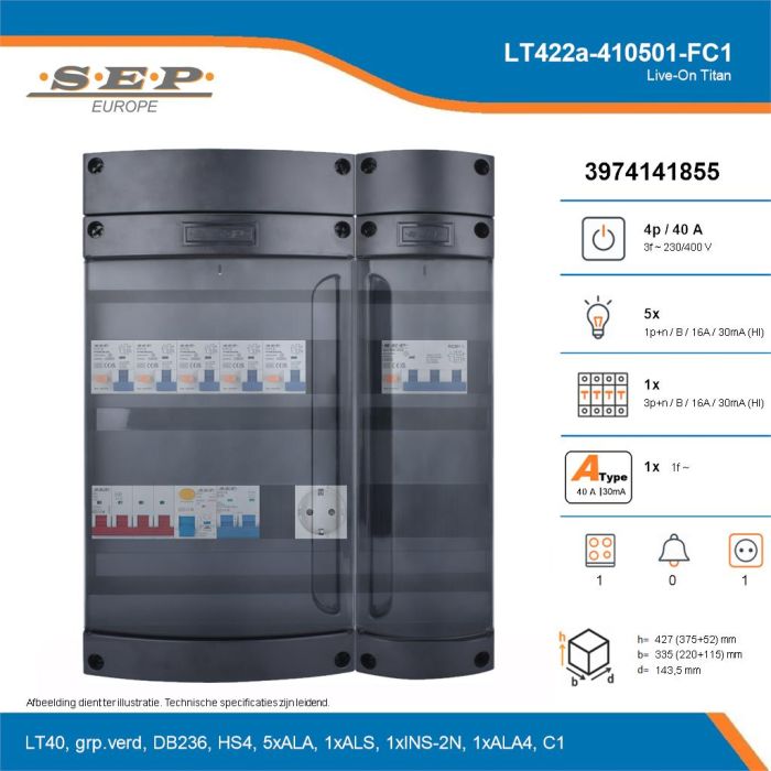 SEP Live-On Titan, LT422a-410501-FC1, 40A, 3-fase groepenkast, 5-lichtgroepen, 1-krachtgroepen, 1-fornuisgroep,  1V-contactdoos, technische details