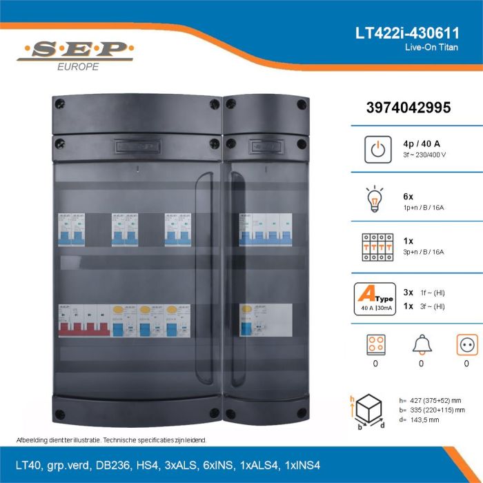 SEP Live-On Titan, LT422i-430611, 40A, 3-fase groepenkast, 6-lichtgroepen, 1-krachtgroepen, technische details