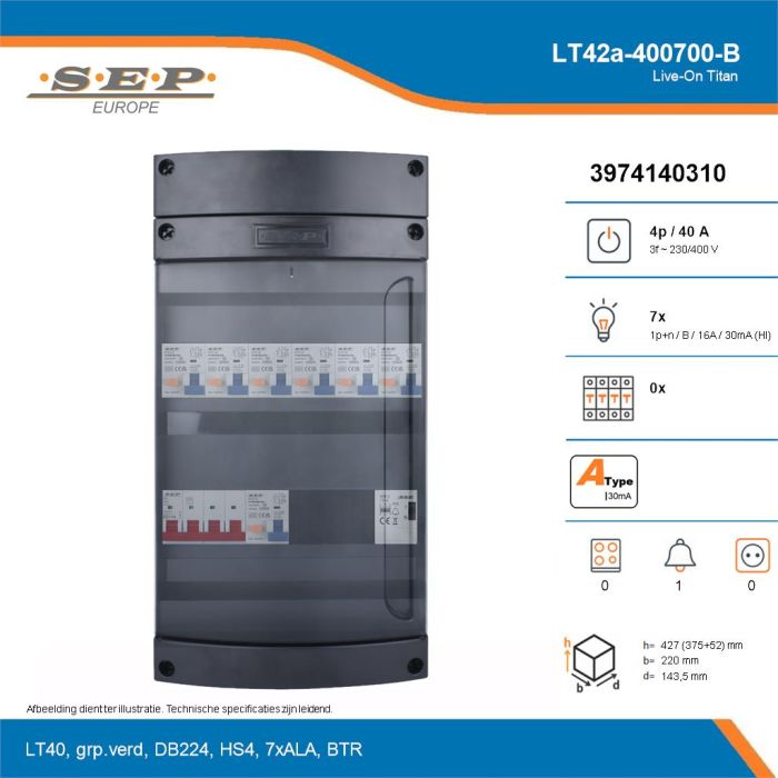 SEP Live-On Titan, LT42a-400700-B, 40A, 3-fase groepenkast, 7-lichtgroepen, 1-beltrafo, technische details
