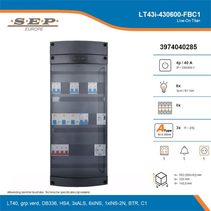 SEP Live-On Titan, LT43i-430600-FBC1, 40A, 3-fase groepenkast, 6-lichtgroepen, 1-fornuisgroep, 1-beltrafo,  1V-contactdoos, technische details