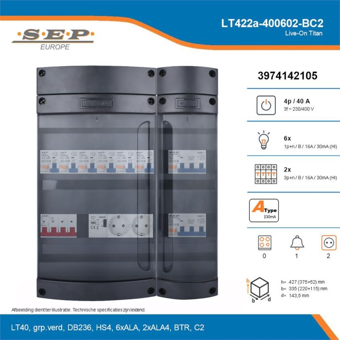 SEP Live-On Titan, LT422a-400602-BC2, 40A, 3-fase groepenkast, 6-lichtgroepen, 2-krachtgroepen, 1-beltrafo,  2V-contactdoos, technische details