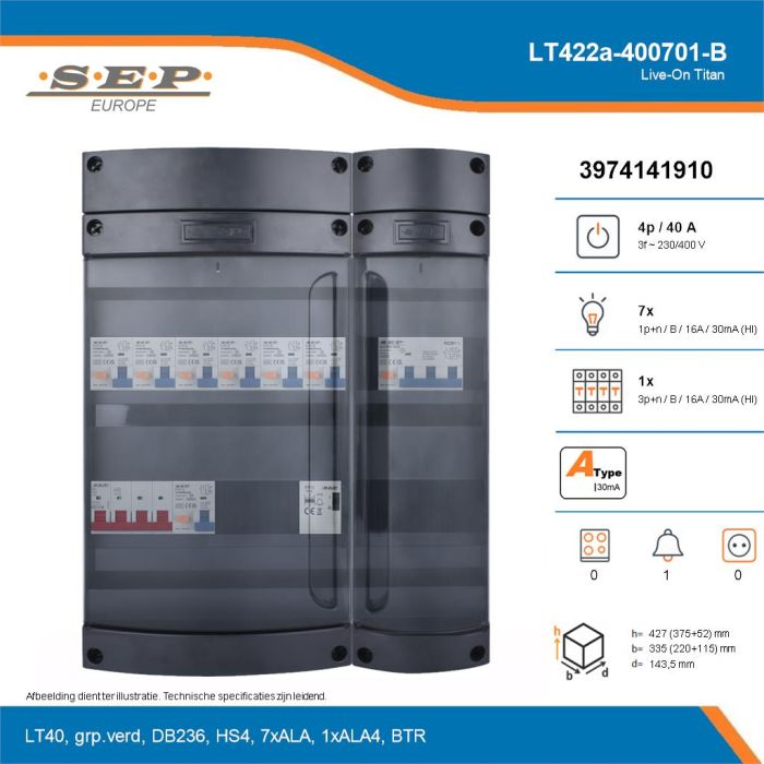 SEP Live-On Titan, LT422a-400701-B, 40A, 3-fase groepenkast, 7-lichtgroepen, 1-krachtgroepen, 1-beltrafo, technische details