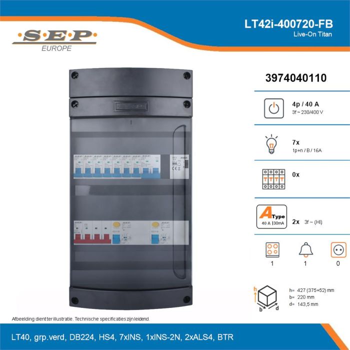 SEP Live-On Titan, LT42i-400720-FB, 40A, 3-fase groepenkast, 7-lichtgroepen, 1-fornuisgroep, 1-beltrafo, technische details
