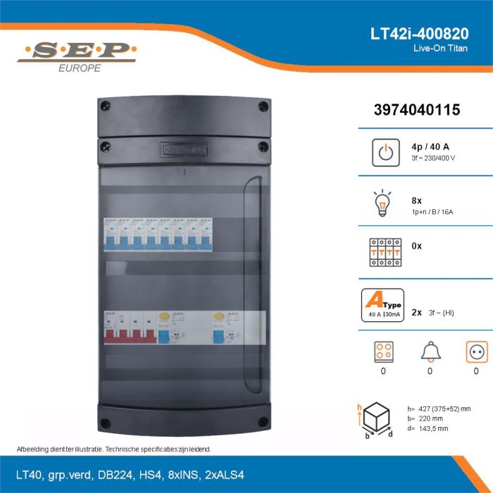 SEP Live-On Titan, LT42i-400820, 40A, 3-fase groepenkast, 8-lichtgroepen, technische details