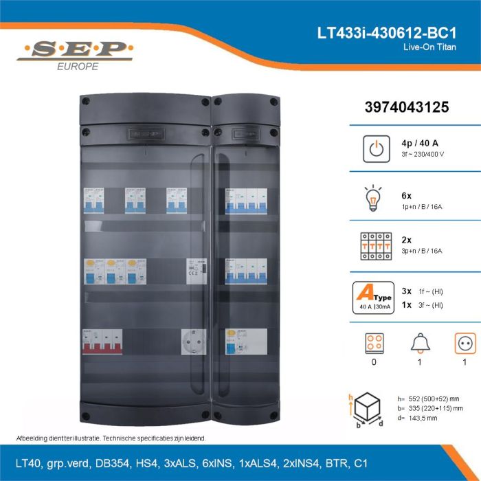 SEP Live-On Titan, LT433i-430612-BC1, 40A, 3-fase groepenkast, 6-lichtgroepen, 2-krachtgroepen, 1-beltrafo,  1V-contactdoos, technische details
