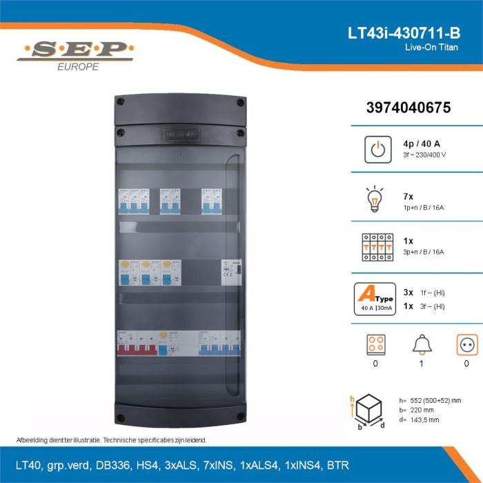 SEP Live-On Titan, LT43i-430711-B, 40A, 3-fase groepenkast, 7-lichtgroepen, 1-krachtgroepen, 1-beltrafo, technische details