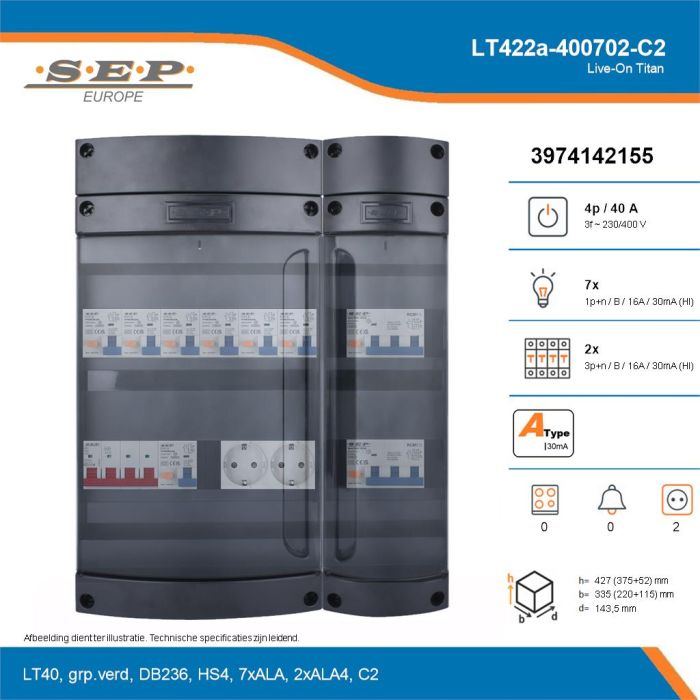 SEP Live-On Titan, LT422a-400702-C2, 40A, 3-fase groepenkast, 7-lichtgroepen, 2-krachtgroepen,  2V-contactdoos, technische details