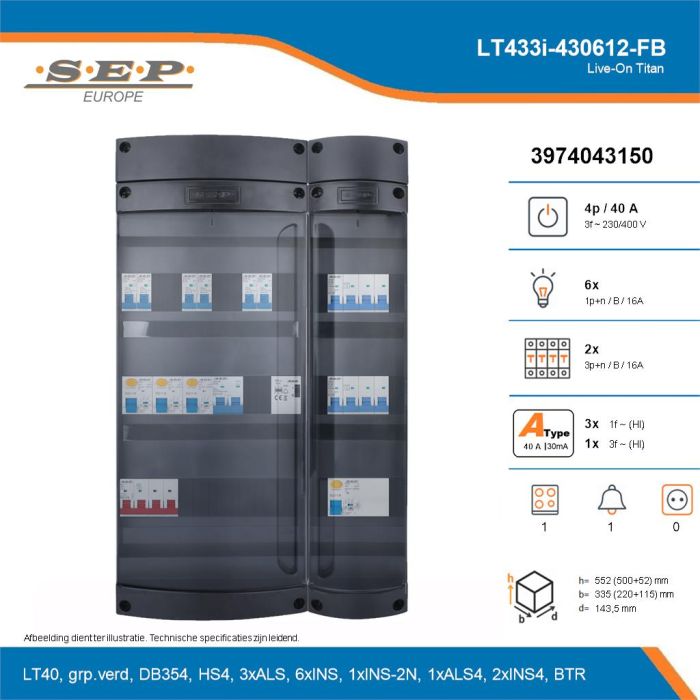 SEP Live-On Titan, LT433i-430612-FB, 40A, 3-fase groepenkast, 6-lichtgroepen, 2-krachtgroepen, 1-fornuisgroep, 1-beltrafo, technische details