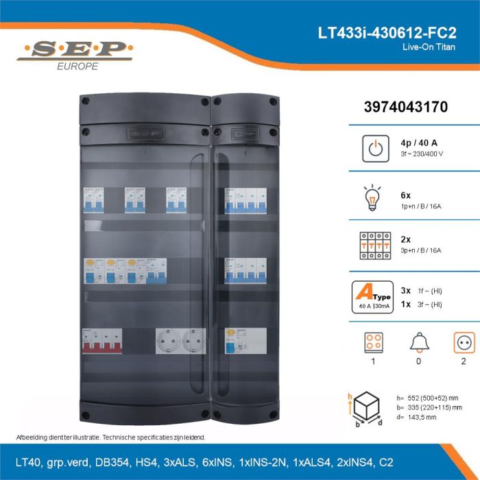 SEP Live-On Titan, LT433i-430612-FC2, 40A, 3-fase groepenkast, 6-lichtgroepen, 2-krachtgroepen, 1-fornuisgroep,  2V-contactdoos, technische details