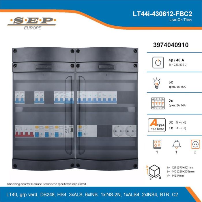 SEP Live-On Titan, LT44i-430612-FBC2, 40A, 3-fase groepenkast, 6-lichtgroepen, 2-krachtgroepen, 1-fornuisgroep, 1-beltrafo,  2V-contactdoos, technische details