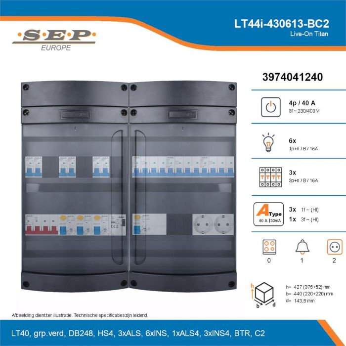SEP Live-On Titan, LT44i-430613-BC2, 40A, 3-fase groepenkast, 6-lichtgroepen, 3-krachtgroepen, 1-beltrafo,  2V-contactdoos, technische details