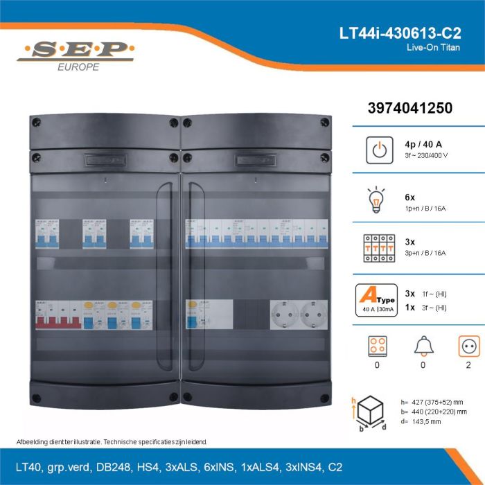SEP Live-On Titan, LT44i-430613-C2, 40A, 3-fase groepenkast, 6-lichtgroepen, 3-krachtgroepen,  2V-contactdoos, technische details