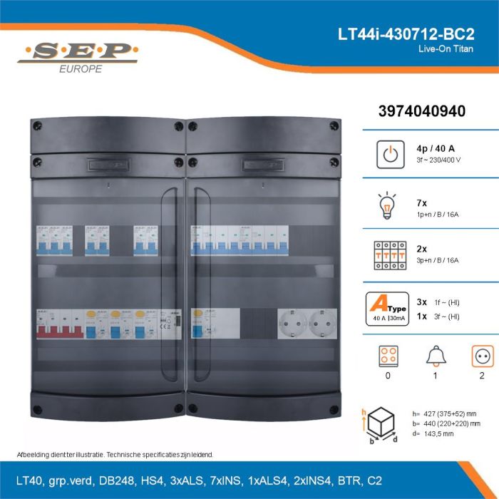 SEP Live-On Titan, LT44i-430712-BC2, 40A, 3-fase groepenkast, 7-lichtgroepen, 2-krachtgroepen, 1-beltrafo,  2V-contactdoos, technische details