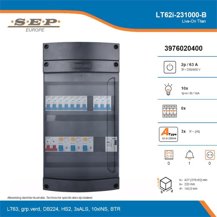 SEP Live-On Titan, LT62i-231000-B, 63A, 3-fase groepenkast, 10-lichtgroepen, 1-beltrafo, technische details