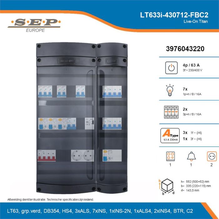 SEP Live-On Titan, LT633i-430712-FBC2, 63A, 3-fase groepenkast, 7-lichtgroepen, 2-krachtgroepen, 1-fornuisgroep, 1-beltrafo,  2V-contactdoos, technische details