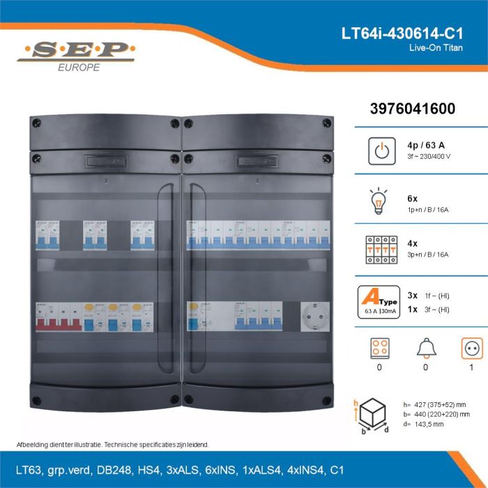 SEP Live-On Titan, LT64i-430614-C1, 63A, 3-fase groepenkast, 6-lichtgroepen, 4-krachtgroepen,  1V-contactdoos, technische details