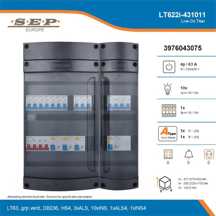 SEP Live-On Titan, LT622i-431011, 63A, 3-fase groepenkast, 10-lichtgroepen, 1-krachtgroepen, technische details