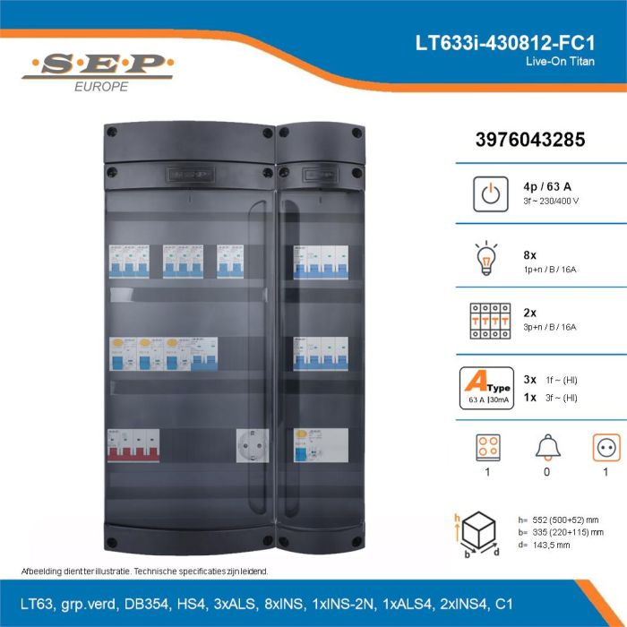 SEP Live-On Titan, LT633i-430812-FC1, 63A, 3-fase groepenkast, 8-lichtgroepen, 2-krachtgroepen, 1-fornuisgroep,  1V-contactdoos, technische details