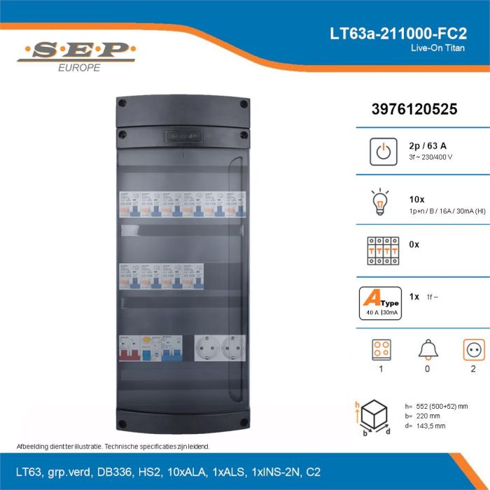 SEP Live-On Titan, LT63a-211000-FC2, 63A, 3-fase groepenkast, 10-lichtgroepen, 1-fornuisgroep,  2V-contactdoos, technische details