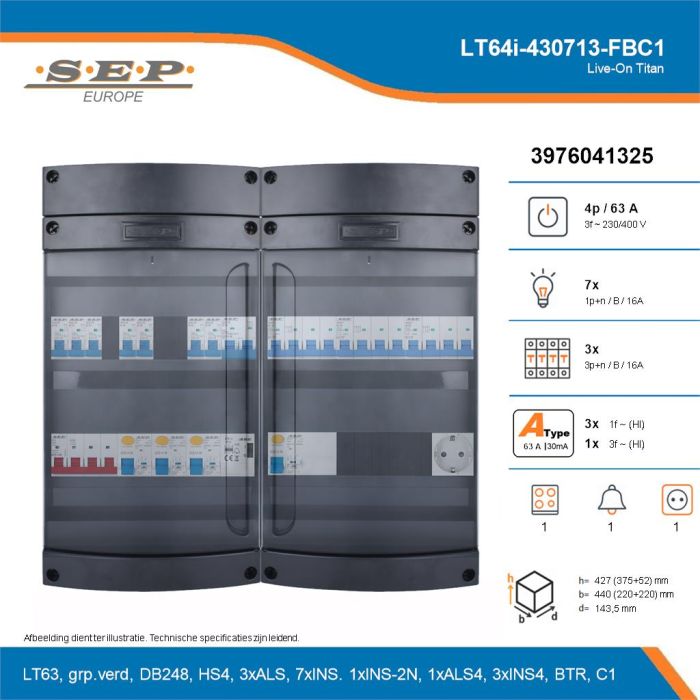 SEP Live-On Titan, LT64i-430713-FBC1, 63A, 3-fase groepenkast, 7-lichtgroepen, 3-krachtgroepen, 1-fornuisgroep, 1-beltrafo,  1V-contactdoos, technische details