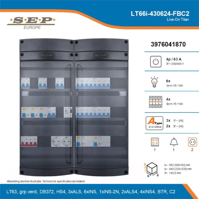 SEP Live-On Titan, LT66i-430624-FBC2, 63A, 3-fase groepenkast, 6-lichtgroepen, 4-krachtgroepen, 1-fornuisgroep, 1-beltrafo,  2V-contactdoos, technische details