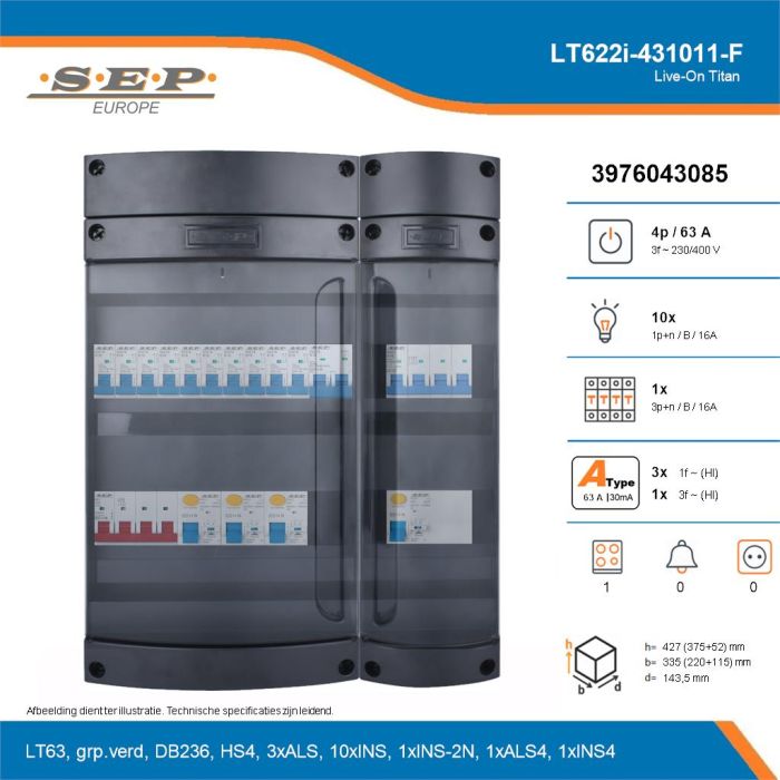 SEP Live-On Titan, LT622i-431011-F, 63A, 3-fase groepenkast, 10-lichtgroepen, 1-krachtgroepen, 1-fornuisgroep, technische details