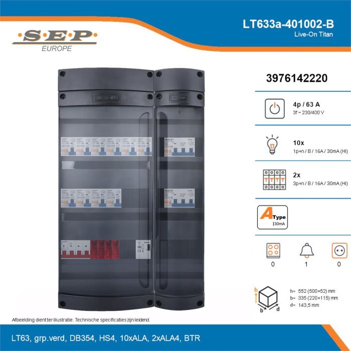 SEP Live-On Titan, LT633a-401002-B, 63A, 3-fase groepenkast, 10-lichtgroepen, 2-krachtgroepen, 1-beltrafo, technische details